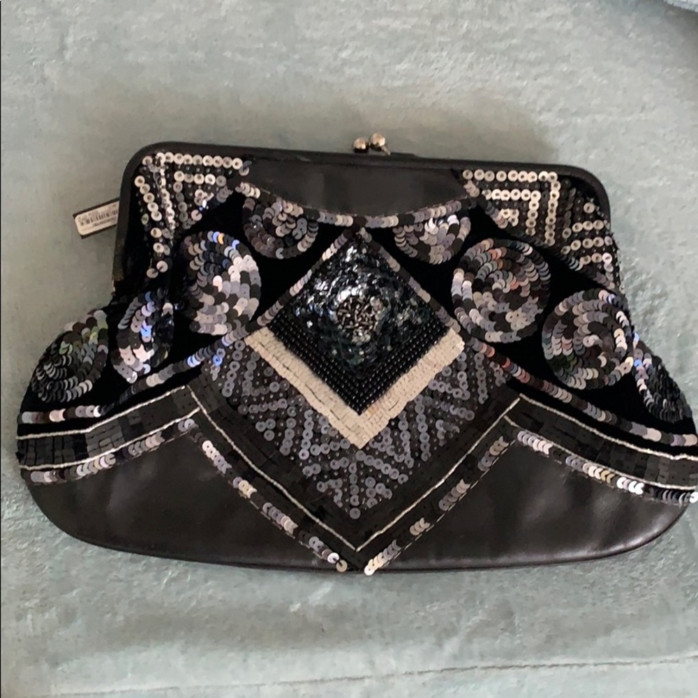 Bebe vintage giant sequin, leather & velvet clutch
